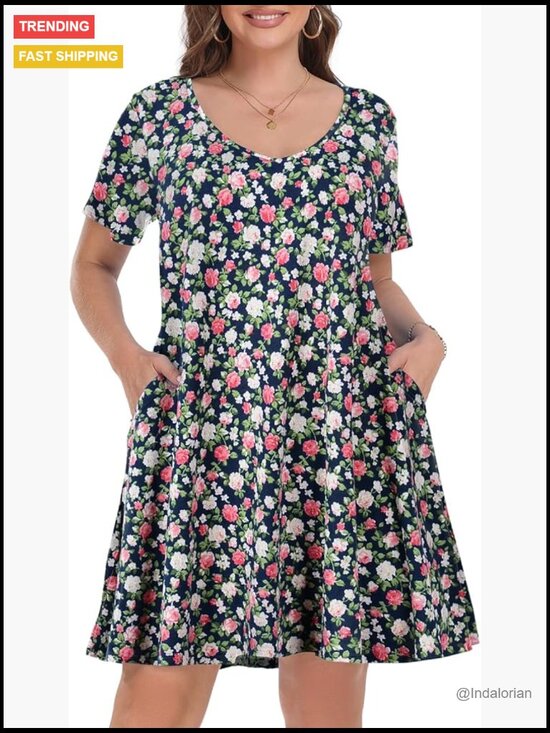 Dresses & Skirts - Plus Size V Neck Short Sleeve A Line Midi Sundress with Pockets